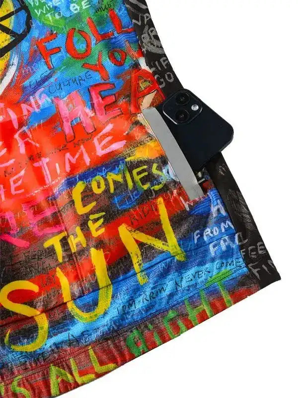 Colorful graffiti-style cycling jersey with bold text design and phone pocket