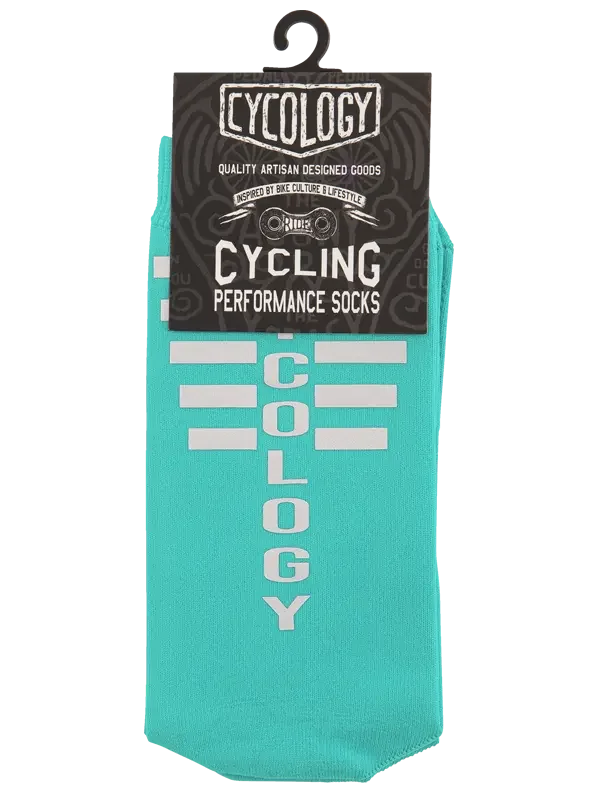 Teal cycling performance socks with 'Cycology' branding, designed for bike culture and lifestyle.