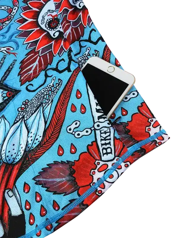 Vibrant cycling jersey with floral and bike chain print, phone in pocket, blue trim