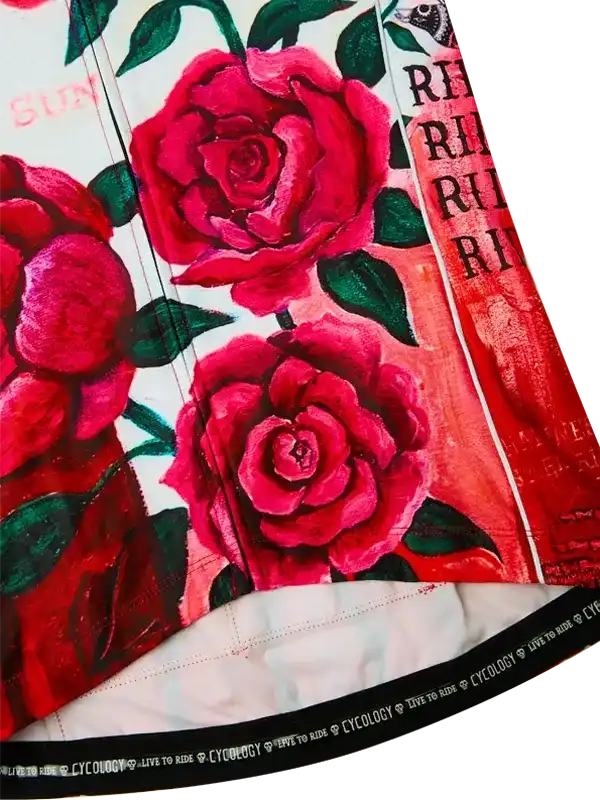 Vibrant red rose print cycling shorts with green leaves and bold text design