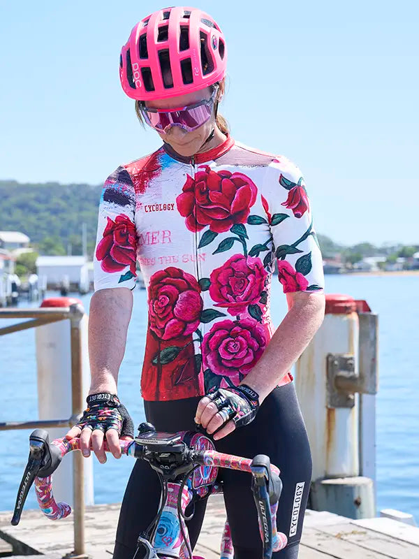 Billie Red Women's Reborn Cycling Jersey on model Cycology UK