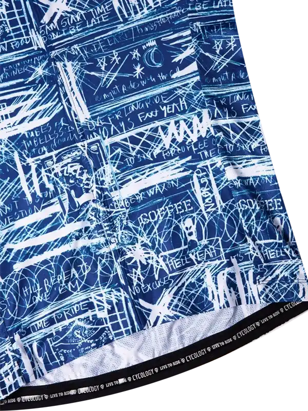 Blue cycling jersey with white graffiti-style print, featuring bold text and doodles on performance fabric.
