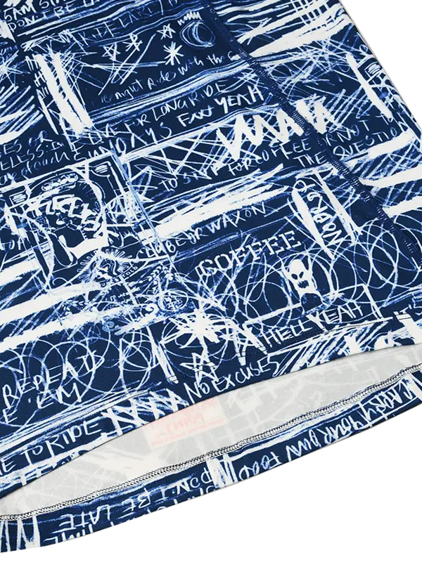 Long-sleeve cycling base layer with blue and white graphic design on a white background