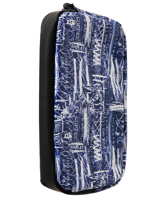 A zippered Cycling Wallet featuring a blue and white abstract graffiti-style pattern with text elements, shown against a plain white background.