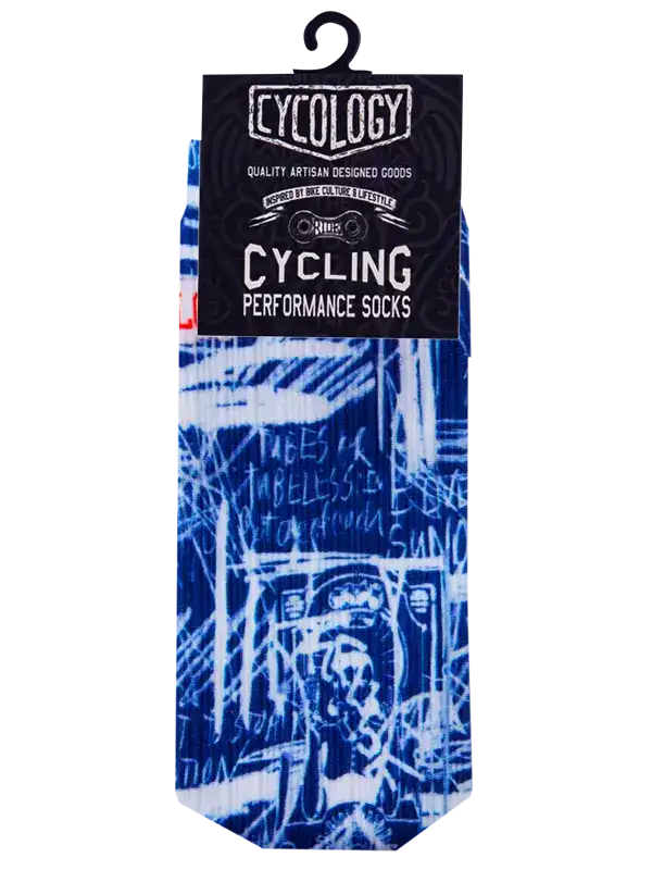 Pkt of 2 cycling sock with a blue and white abstract graffiti-style graphic print, featuring the word 'CYCOLOGY' in red text across the upper calf and a solid black toe section, shown on a plain white background.