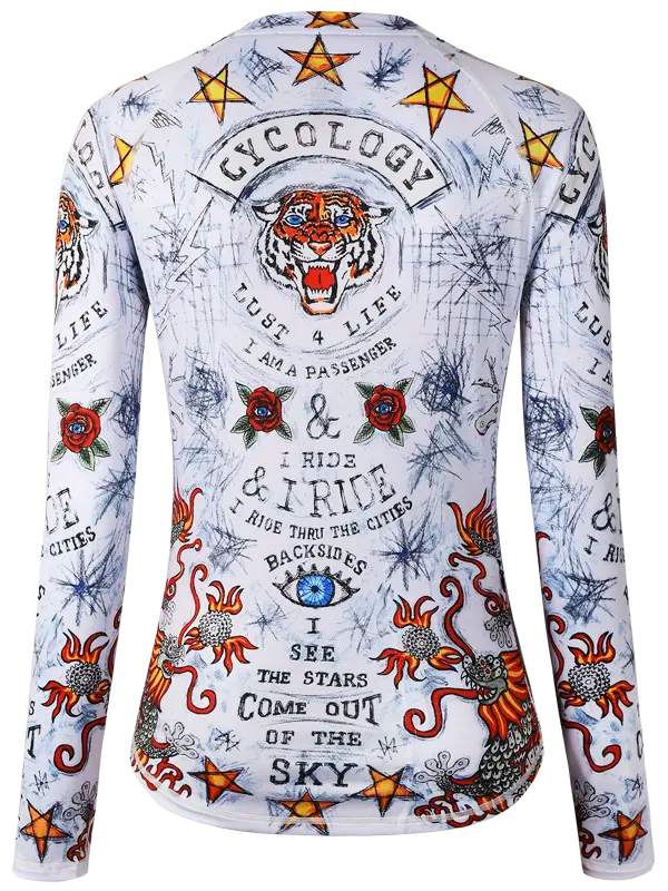 City of Angels White Women's Long Sleeve Mountain Bike Jersey Cycology with colorful tiger design and text on a white background