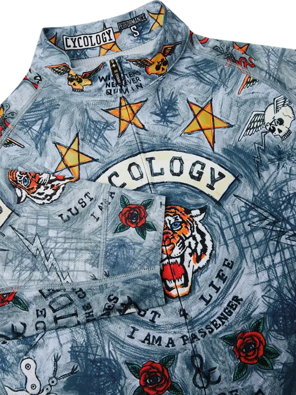Grey men's cycling jersey with tattoo-style graphics and text