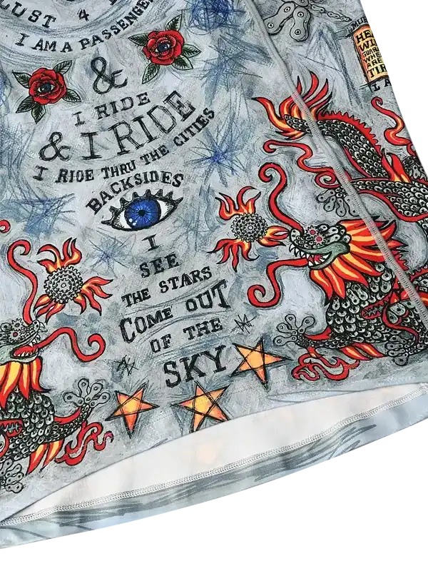 Men's cycling jersey with dragon, roses, and stars design, bold typography, vibrant colors