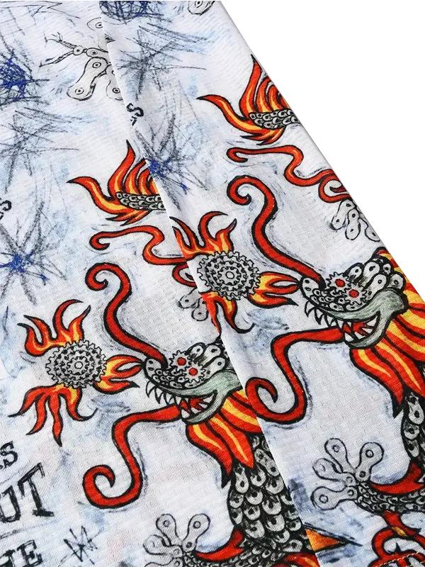 Cycling jersey with fiery dragon print, bold red and orange flames on light fabric, unique design for cyclists