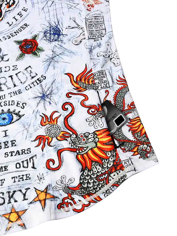 City of Angels White Women's Long Sleeve Mountain Bike Jersey Zip pocket tattoo-style designs and text on a white background