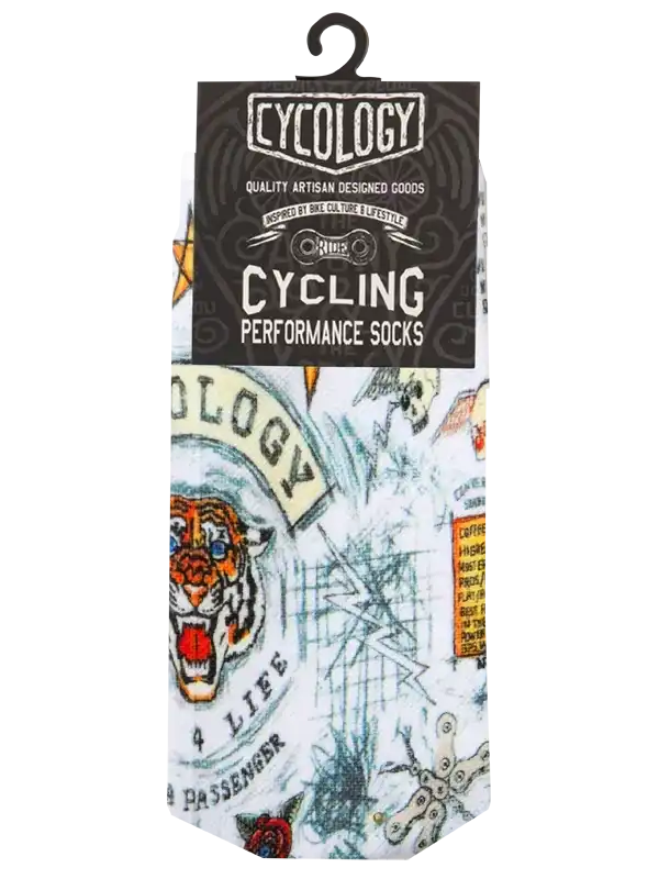 Cycling performance socks with bold tiger graphic and bike-themed print for men and women