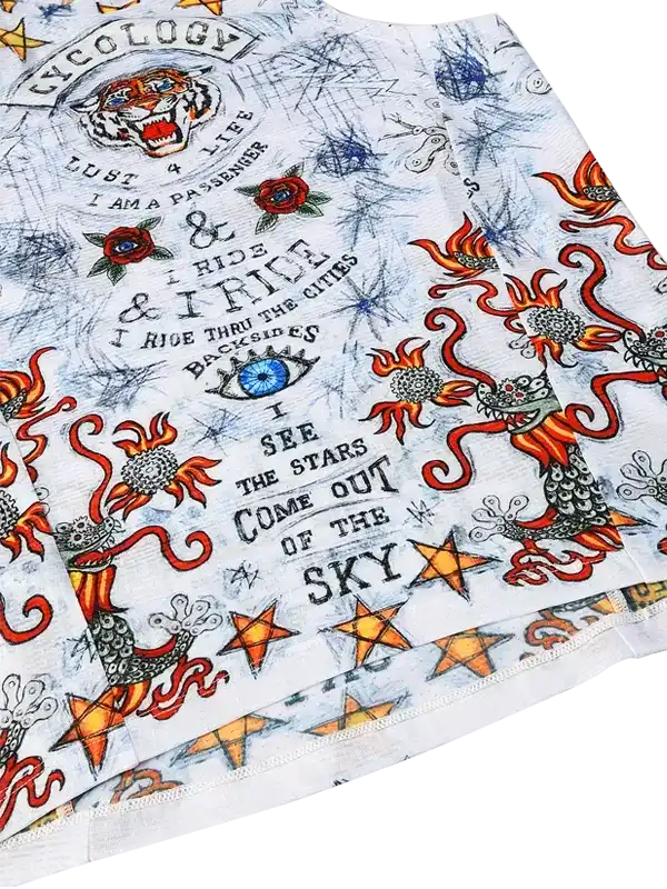 Cycling jersey with tiger, dragons, stars, and bold text design for men and women riders