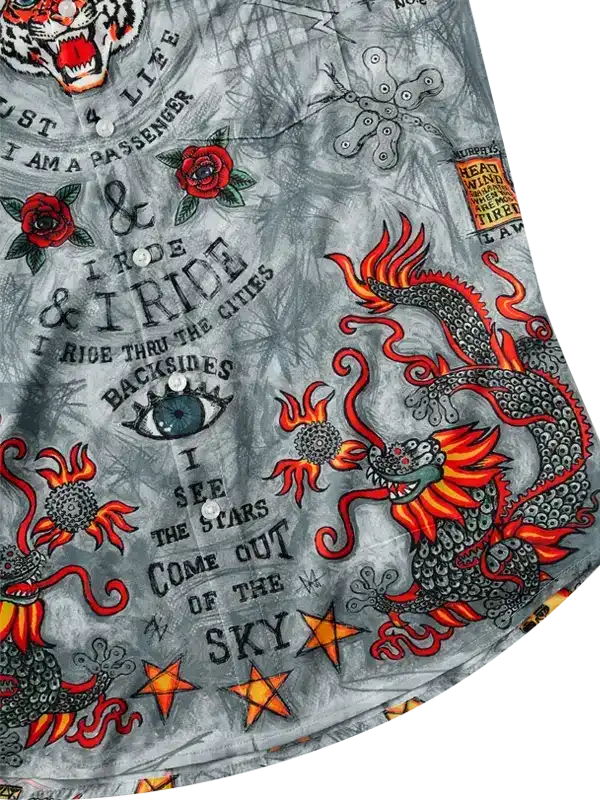 Grey cycling shirt with dragon, roses, and tattoo-style graphics for men and women