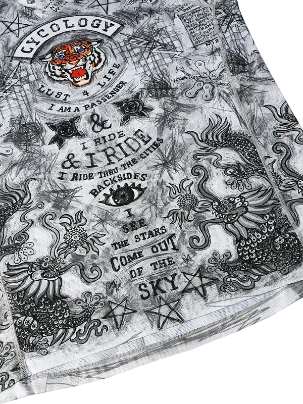 Men's cycling jersey with bold tiger, dragon, and tattoo-style graphics, featuring 'I Ride' text and star motifs.