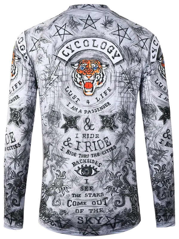 Long-sleeve MTB shirt with graphic designs and text back view