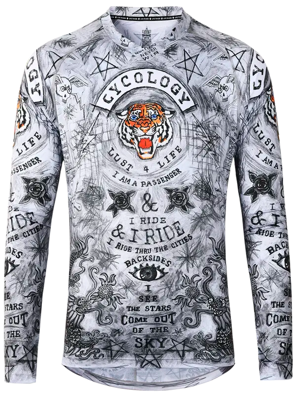 Long-sleeve grey MTB Jersey with intricate designs and text on a white background