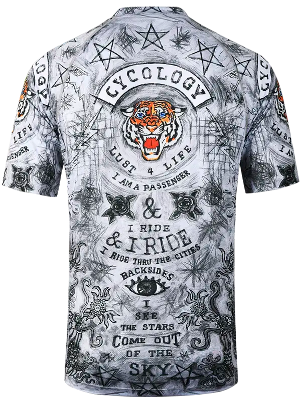 City of Angels Grey Men's Mountain Bike Jersey from Cycology with a tiger design and text on a white background