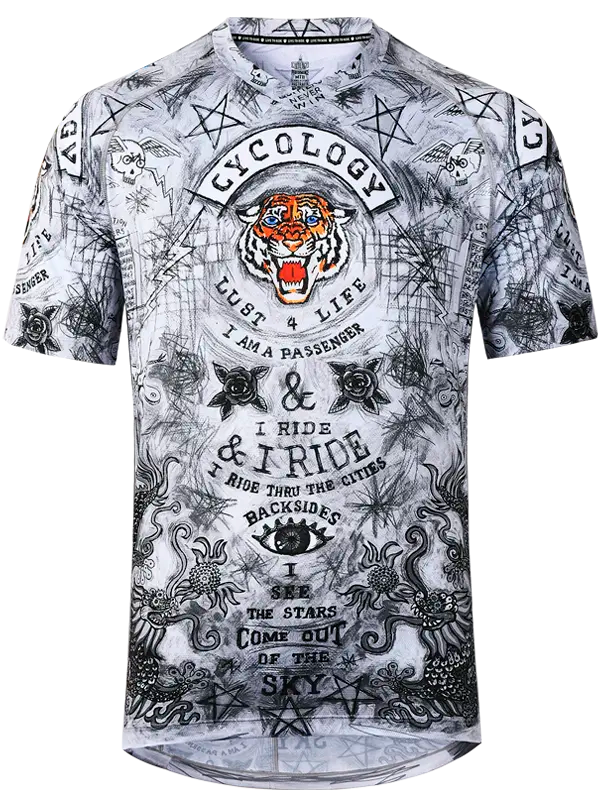 City of Angels Grey Men's Mountain Bike Jersey with intricate black and white designs and text on a white background