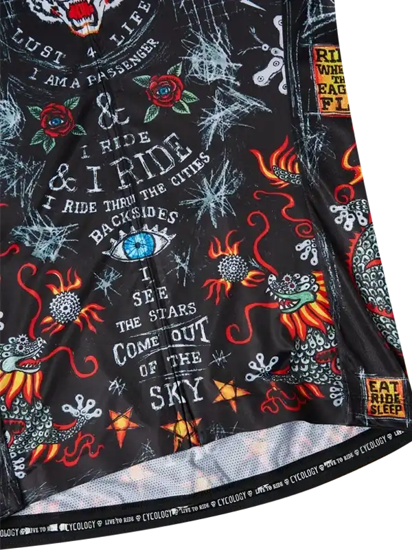 Men's cycling jersey with bold graphic print, dragons, roses, and motivational phrases for urban rides