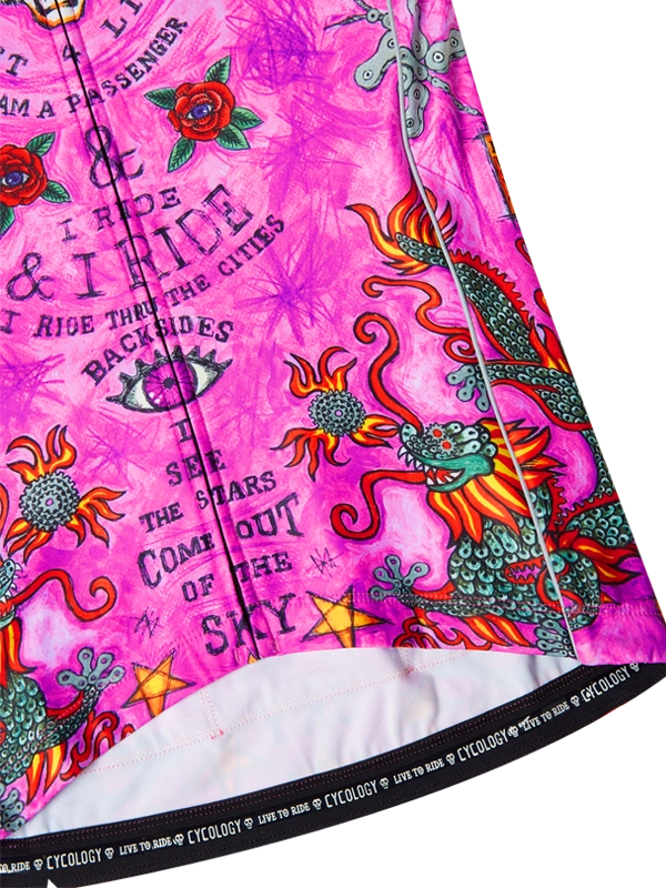 Pink long sleeve cycling jersey with a tiger and graphic designs
