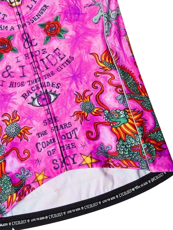 Pink cycling jersey with dragon, roses, and 'I ride' text, featuring bold graphic design for urban riders