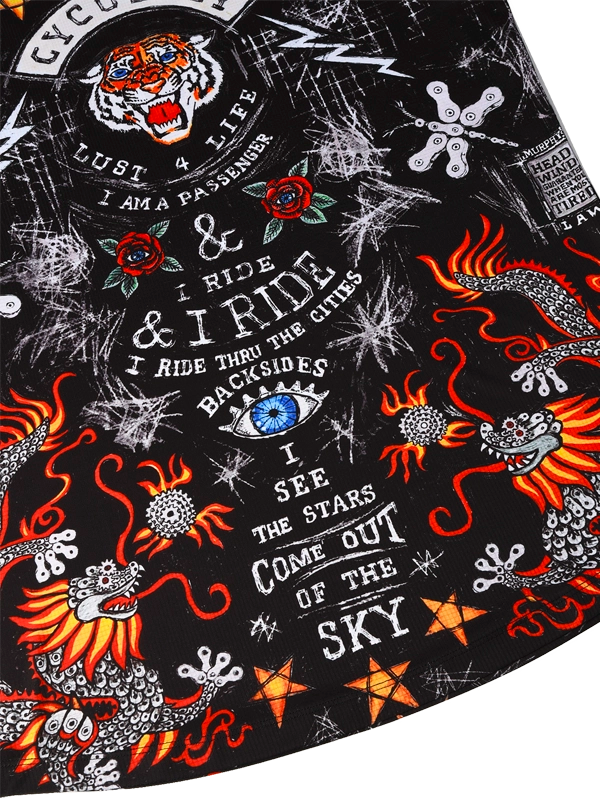 Close up of Men's Black Technical t-shirt with colorful graphic design featuring text and symbols