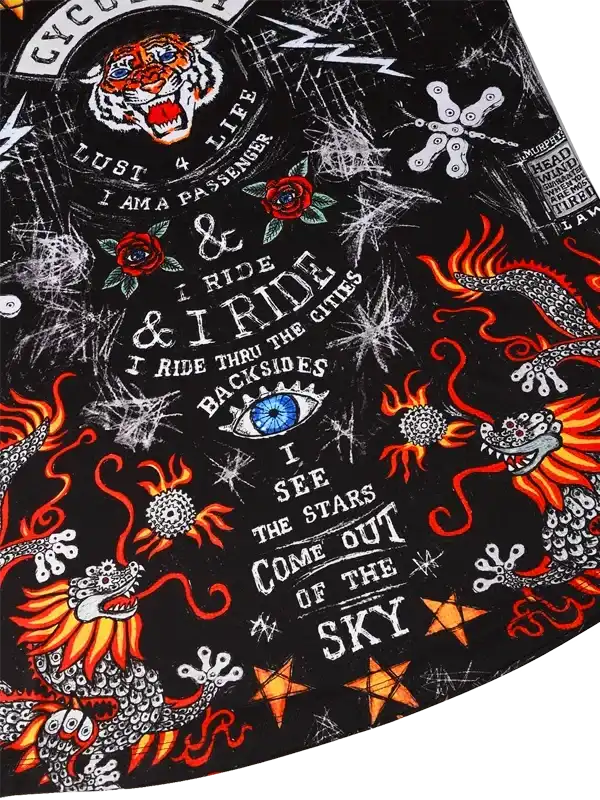 Black cycling jersey with fiery dragon, tiger, roses, and bold text designs for men and women riders