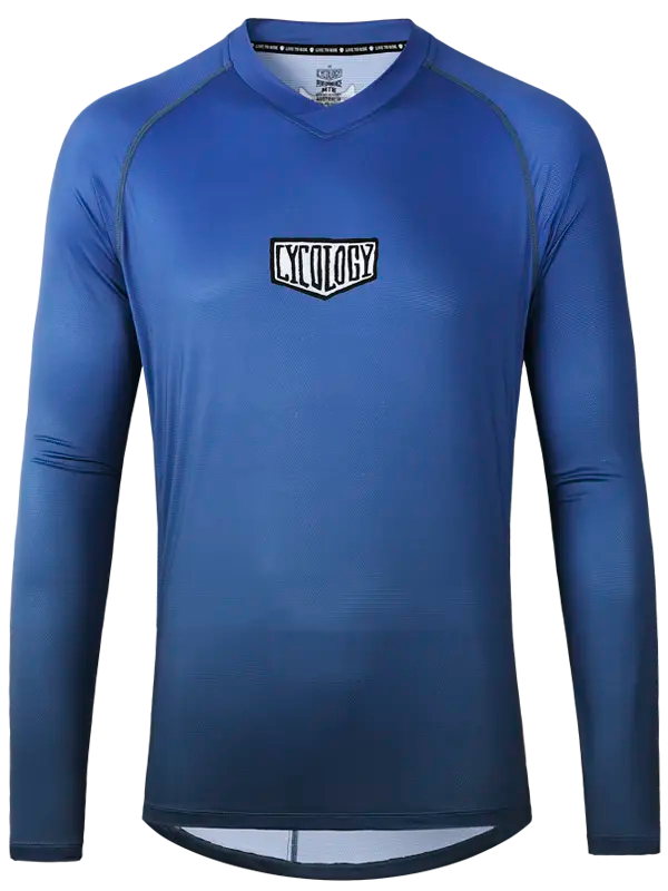 Blue long-sleeve MTB Jersey with a logo on a white background