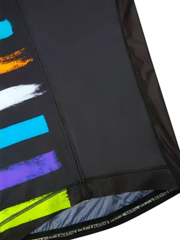 Black cycling jersey with vibrant neon brushstroke graphics, ideal for men's and women's cycling wear