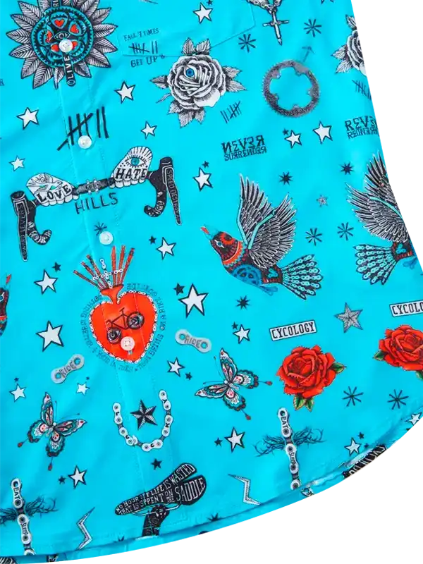 Vibrant turquoise cycling shirt with roses, birds, stars, and bike-themed graphics for men and women