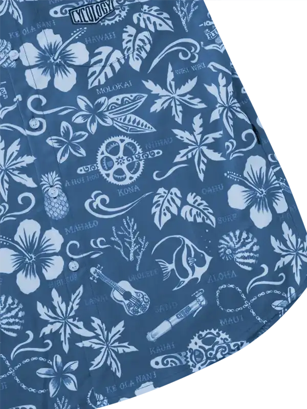Blue cycling shirt with white Hawaiian floral, fish, and gear print design for men and women