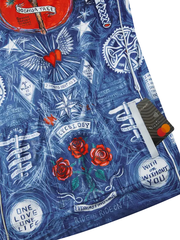 Blue patterned fabric with red roses and text, featuring a Joshua Tree brand label.