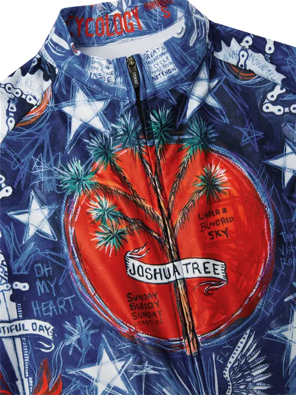 Colorful  Men's Cycling jersey with a central design of a tree and text on a blue background