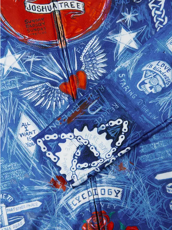 Colorful  Men's Cycling jersey with a central design of a tree and text on a blue background