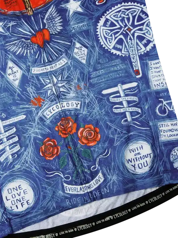 Blue cycling jersey with roses, hearts, and inspirational quotes, featuring unique artistic design for men and women.