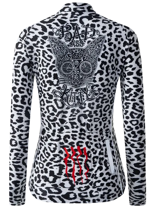 Kitty White Women's Winter Long Sleeve Cycling Jersey in Leopard print with intricate designs and branding on the back