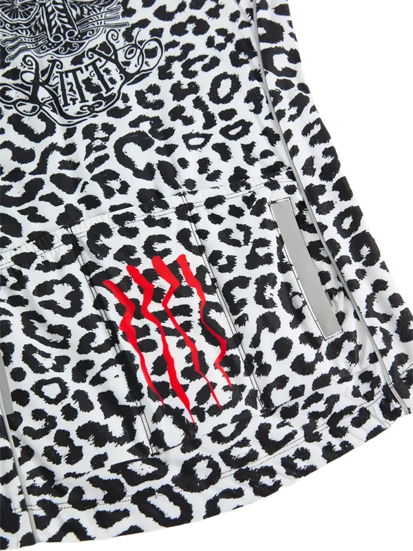 Leopard printjKitty Cycling Jersey with red and black design on a white background