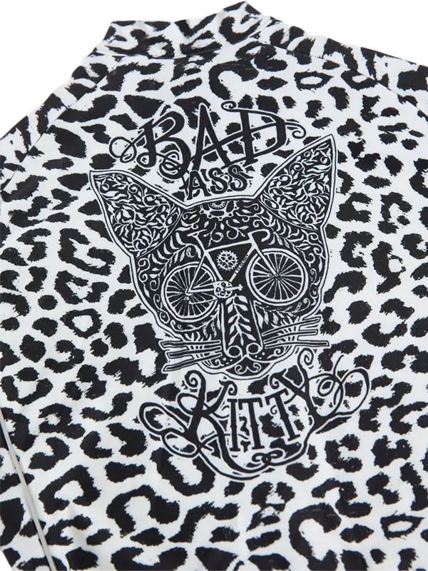 Leopard print Kitty Cycling Jersey with a graphic design and text on a white background