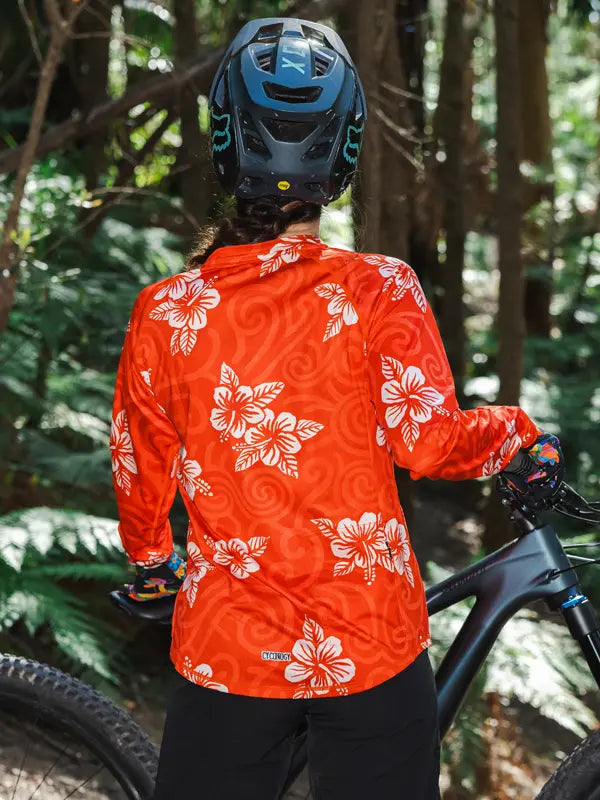 Koa Red Women's Long Sleeve MTB Jersey Back on model | Cycology UK