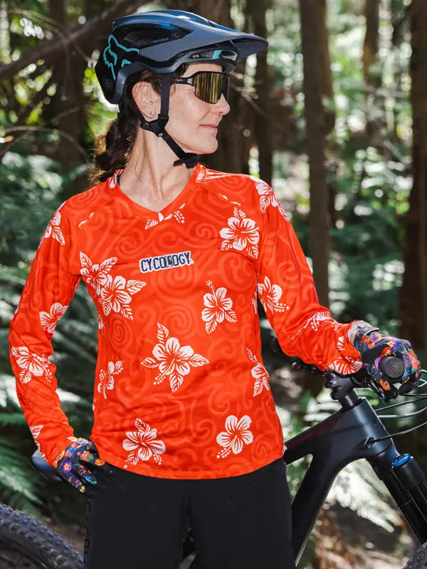 Koa Red Women's Long Sleeve MTB Jersey Front on model | Cycology UK