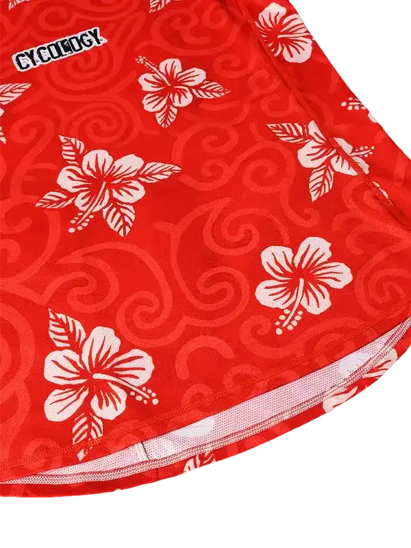 Red cycling jersey with white hibiscus flowers and swirl pattern, breathable mesh hem