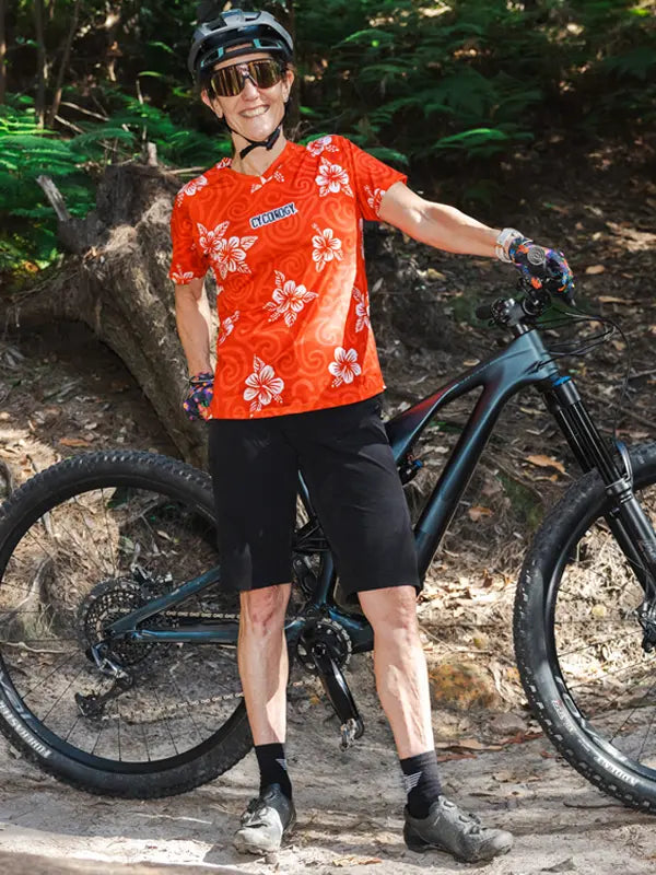 Koa Red Women's Short Sleeve Mountain Bike Jersey On model front | Cycology UK