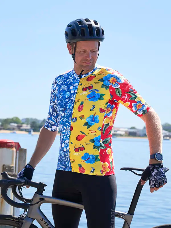 Mahalo Men's Blue Reborn Cycling Jersey on model Cycology UK