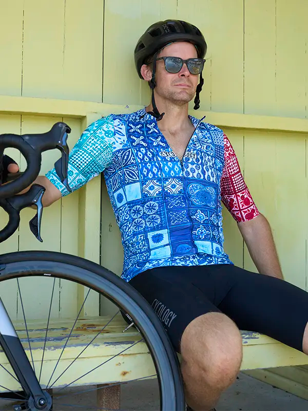 Majorca Men's Blue Reborn Cycling Jersey on model Cycology UK
