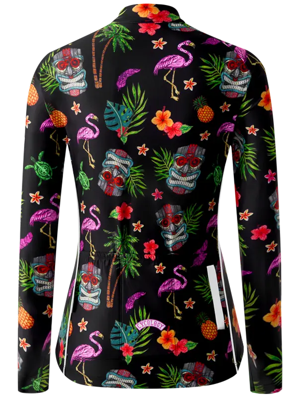 Molokai Black Women's Winter Long Sleeve Cycling Jersey with flamingos, skulls, and plants on a black background.