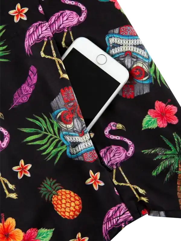 Tropical flamingo print cycling shorts with phone pocket, vibrant hibiscus & pineapple design