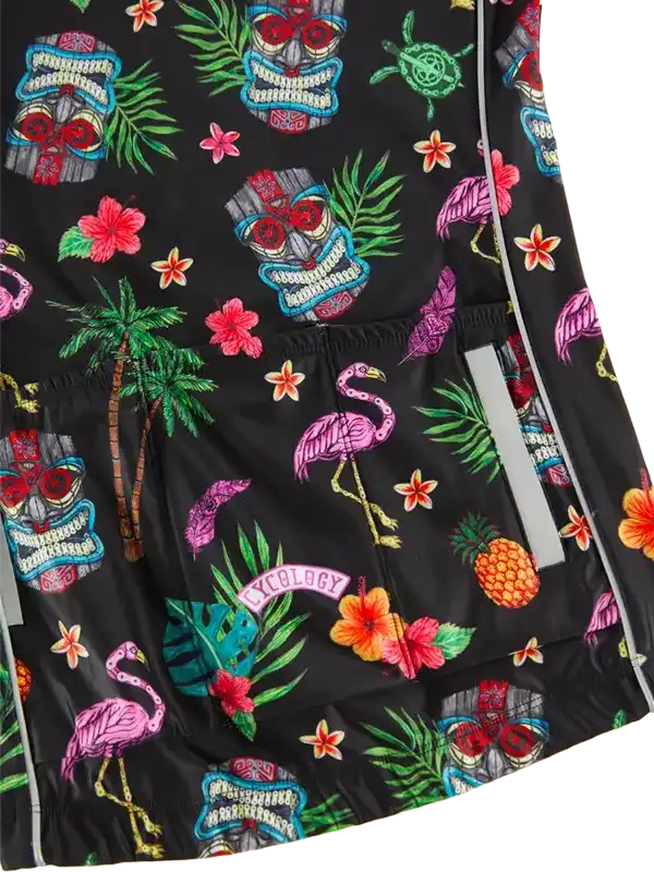 Black cycling jersey with tropical flamingo, palm tree, and skull print design for men and women