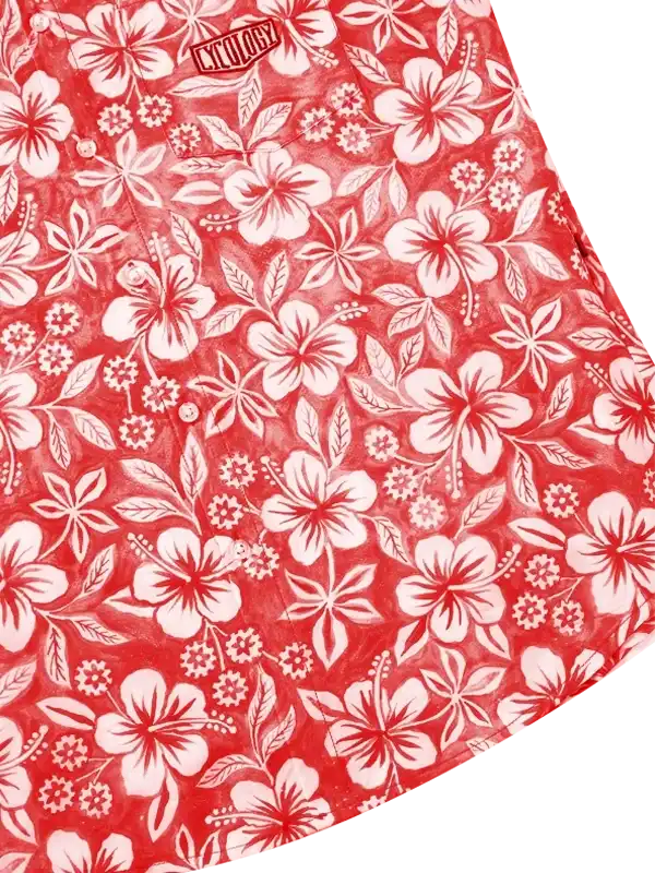 Red cycling shirt with white hibiscus floral print, lightweight fabric for active wear