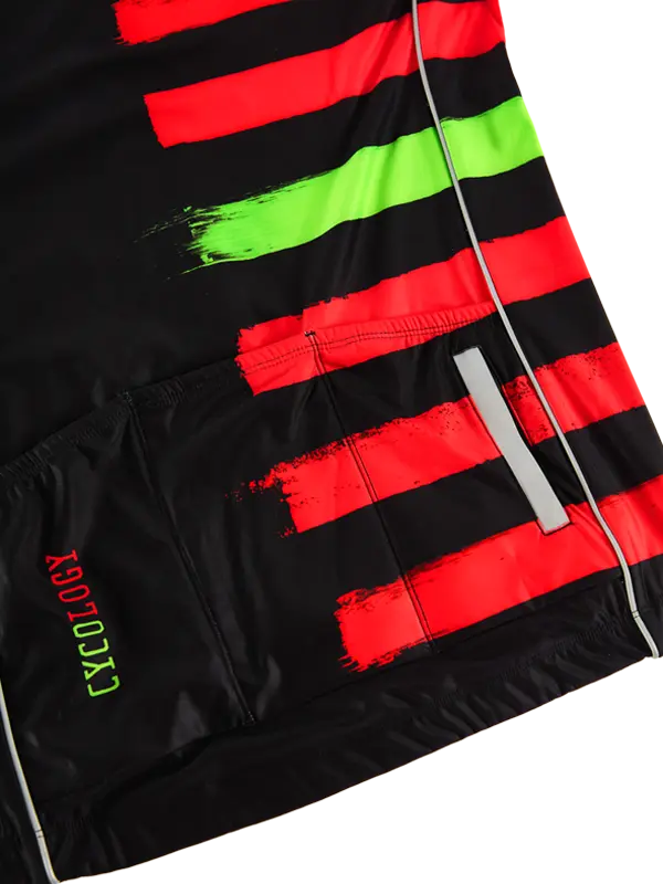 Black cycling jersey with red and green striped pattern and 'CYCOLOGY' branding.