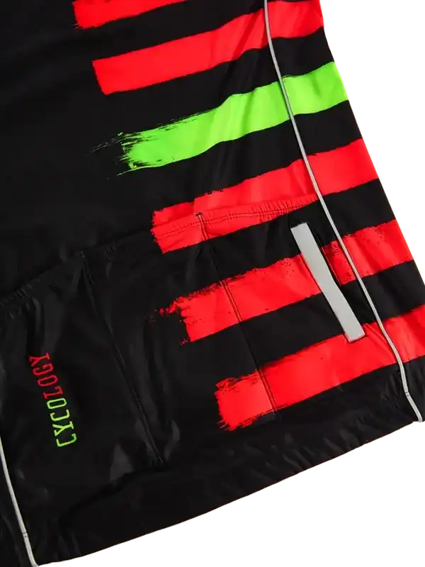 Men's cycling shorts with bold red and green brushstroke stripes, reflective strip, and rear pocket